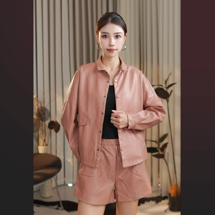 【糖糖】秋季海宁正品女短宽松显瘦皮衣大码韩版皮夹克衬衫