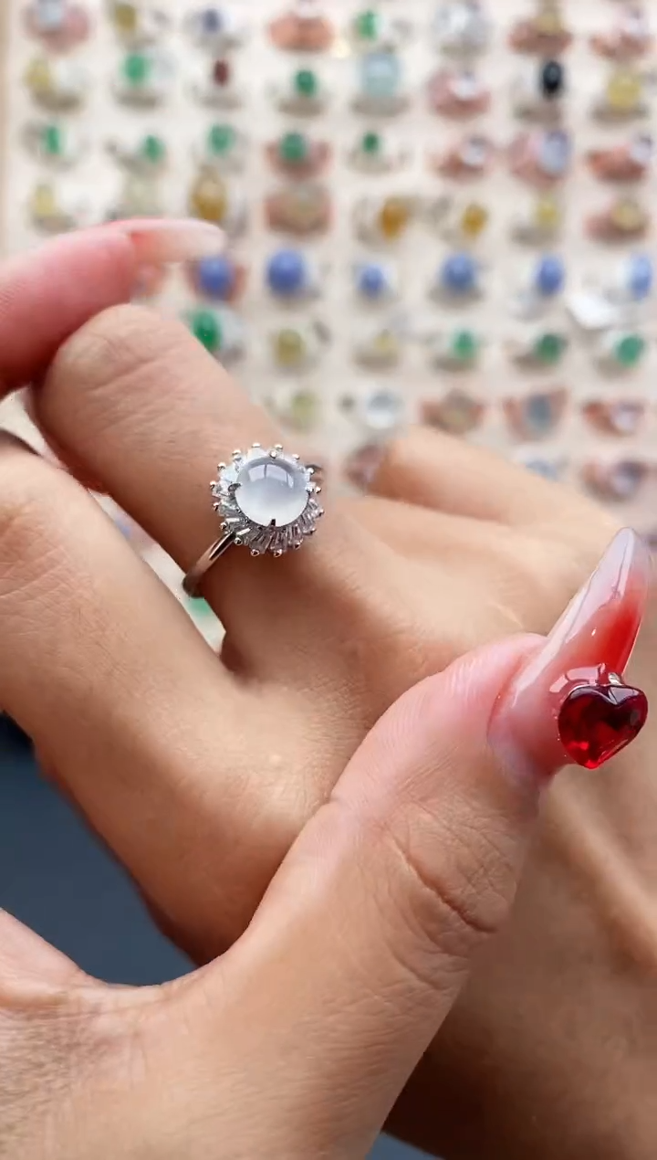 【闪购商品】翡翠戒指银S925镶嵌缅甸天然A货翡翠222 5+9