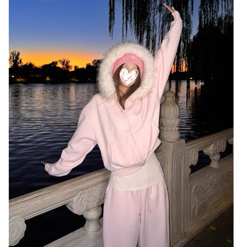 秋冬美式可拆卸毛领连帽慵懒加绒卫衣开衫+阔腿裤休闲套装  82202