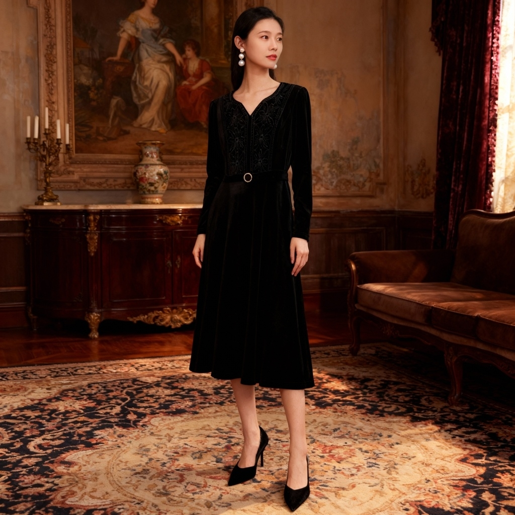 丝绒02款秋冬大码长袖甜美风A字裙法式大码连衣裙