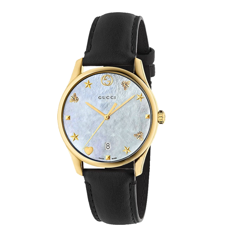 【小欧专属】GUCCI古驰黑金色皮革36MM日历款石英腕表YA1264044