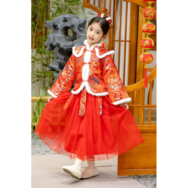 [恩泽妈•推荐]女童新年服红色上衣裙子两件套8839