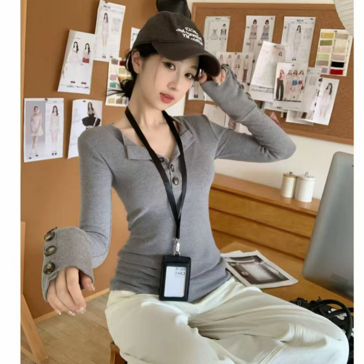 【现货24H+运补3-5】2025新款韩系亨利V领长袖T恤女秋冬正肩上衣女