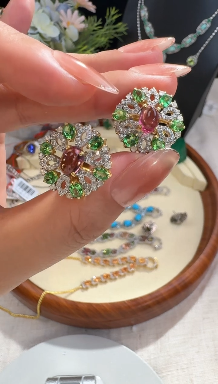 【闪购商品】碧玺猫眼耳饰银S925镶嵌耳饰