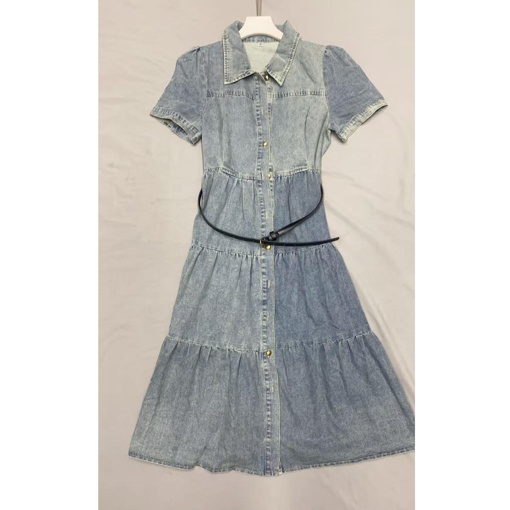 2555#【长103】2025新款时尚收腰气质短袖牛仔连衣裙