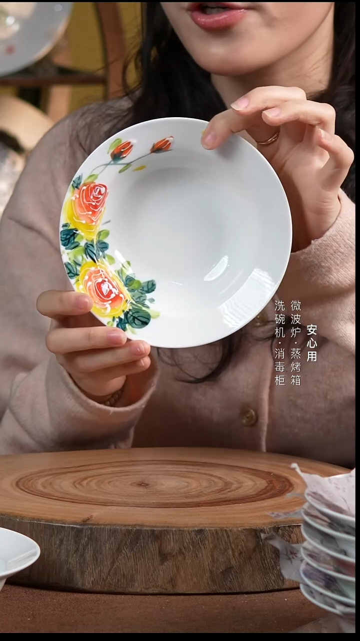 瓷景德镇高温手绘釉下彩5.5英寸折耳碗黄玫瑰