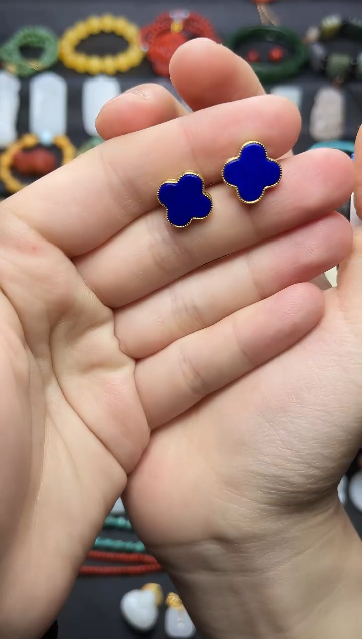 银S925镶嵌青金石耳饰四叶草耳钉06