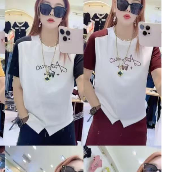 523#【瑕】2025新款时尚短袖拼接上衣休闲长裤两件套套装