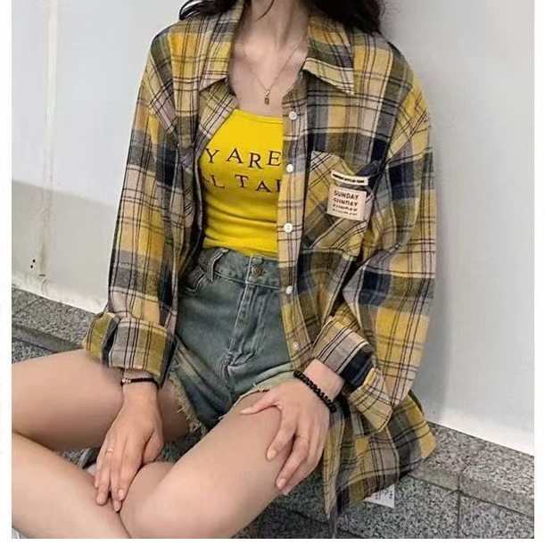 -韩版设计感大码显瘦复古格子衬衫加吊带真两件套衫
