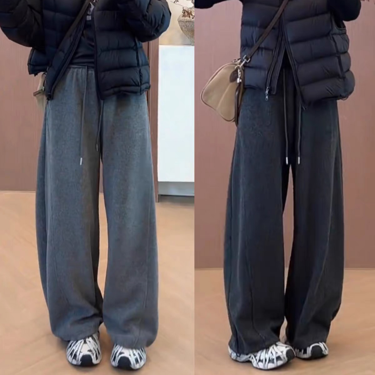 高定原版秋冬加绒加厚青花瓷仿羊绒老钱风呢子洋气休闲百搭弯刀裤