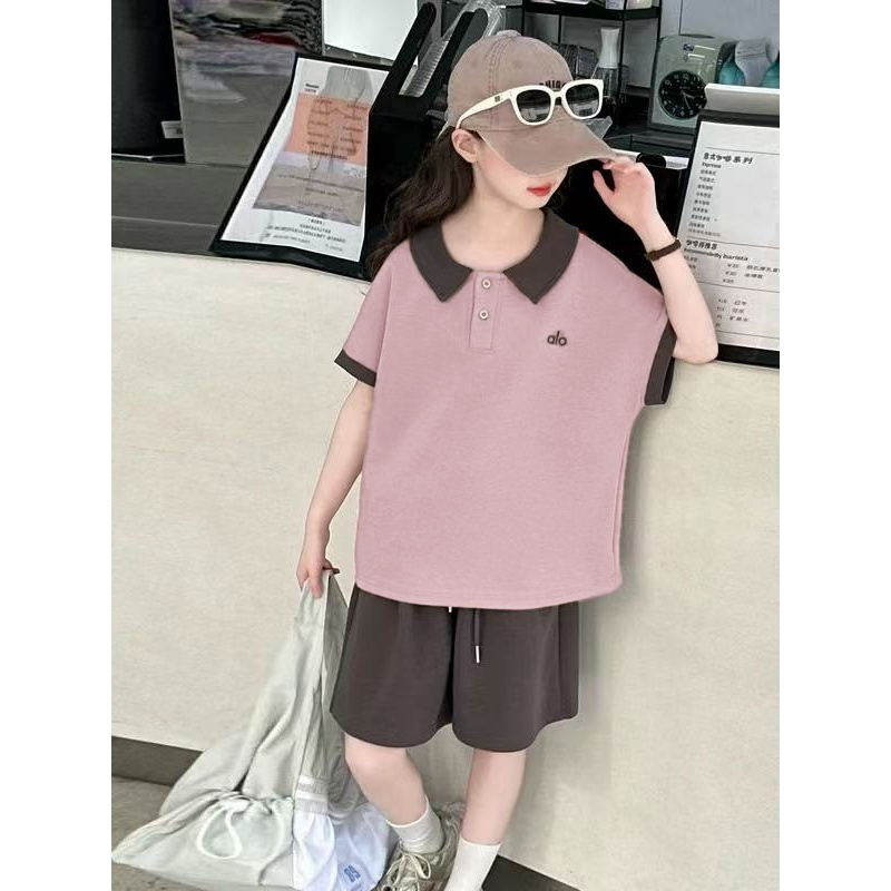 新款夏日甜美风套装女童夏季新款POLO领短袖休闲衬衫