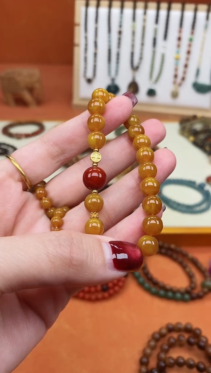 手链蜜蜡未镶嵌单圈蜜蜡08南红玛瑙手串