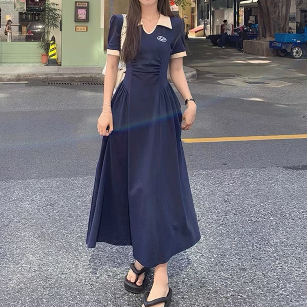 婷婷家polo领连衣裙女2025夏季新款收腰A字显瘦遮肚裙子长裙