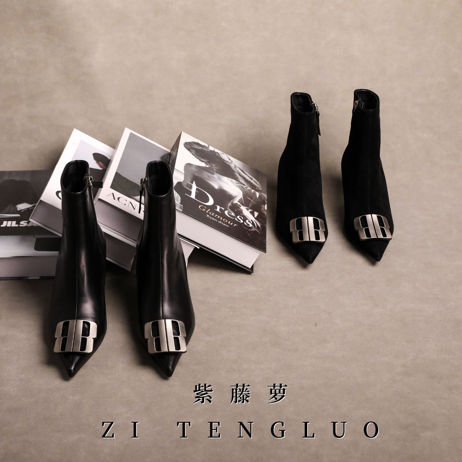 ZiTengLuo/25年早冬加绒新款时尚纯皮尖头小跟女短靴