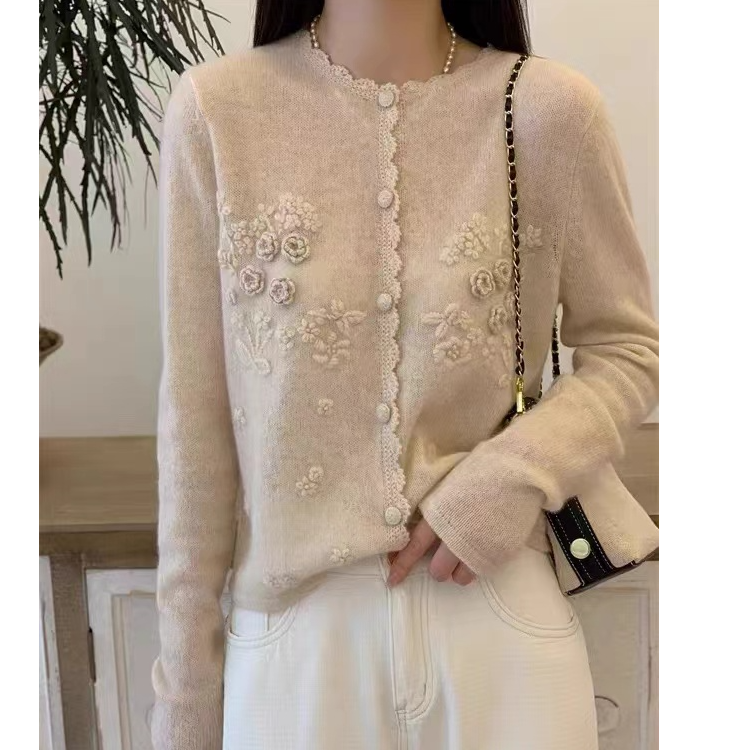 涵玖玥【100羊毛】玫瑰人生走花路浪漫气质花边开衫长袖上衣01