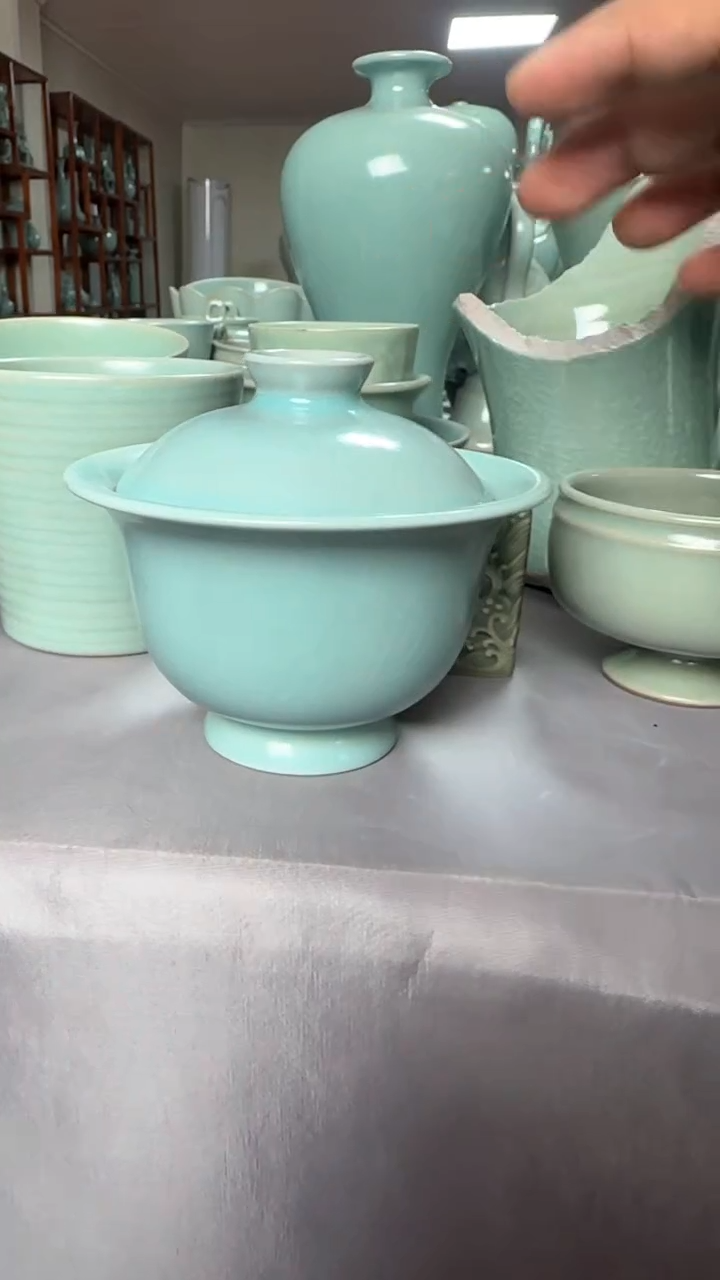 摆件汝瓷仿古两才元宝盖碗