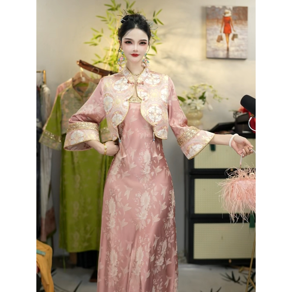 花享悦2025夏季新款中国风飘逸日常粉黛长款连衣裙WW(1735