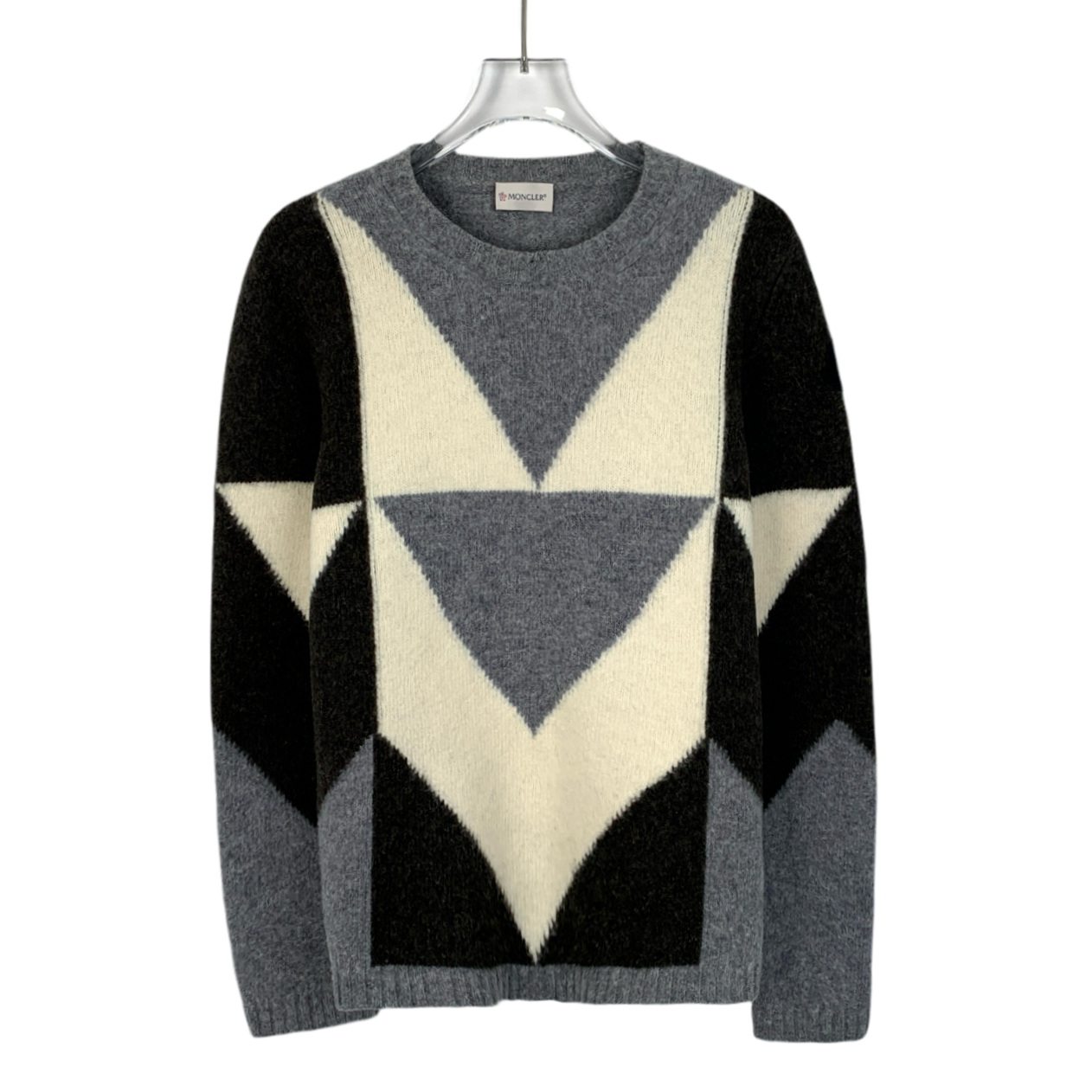 99新 MONCLER X14640 拼色徽标贴饰格纹羊毛圆领长袖针织衫 M码