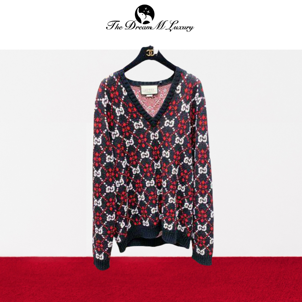 99新 GUCCI/古驰 XS码红色拼黑色针织V领上衣
