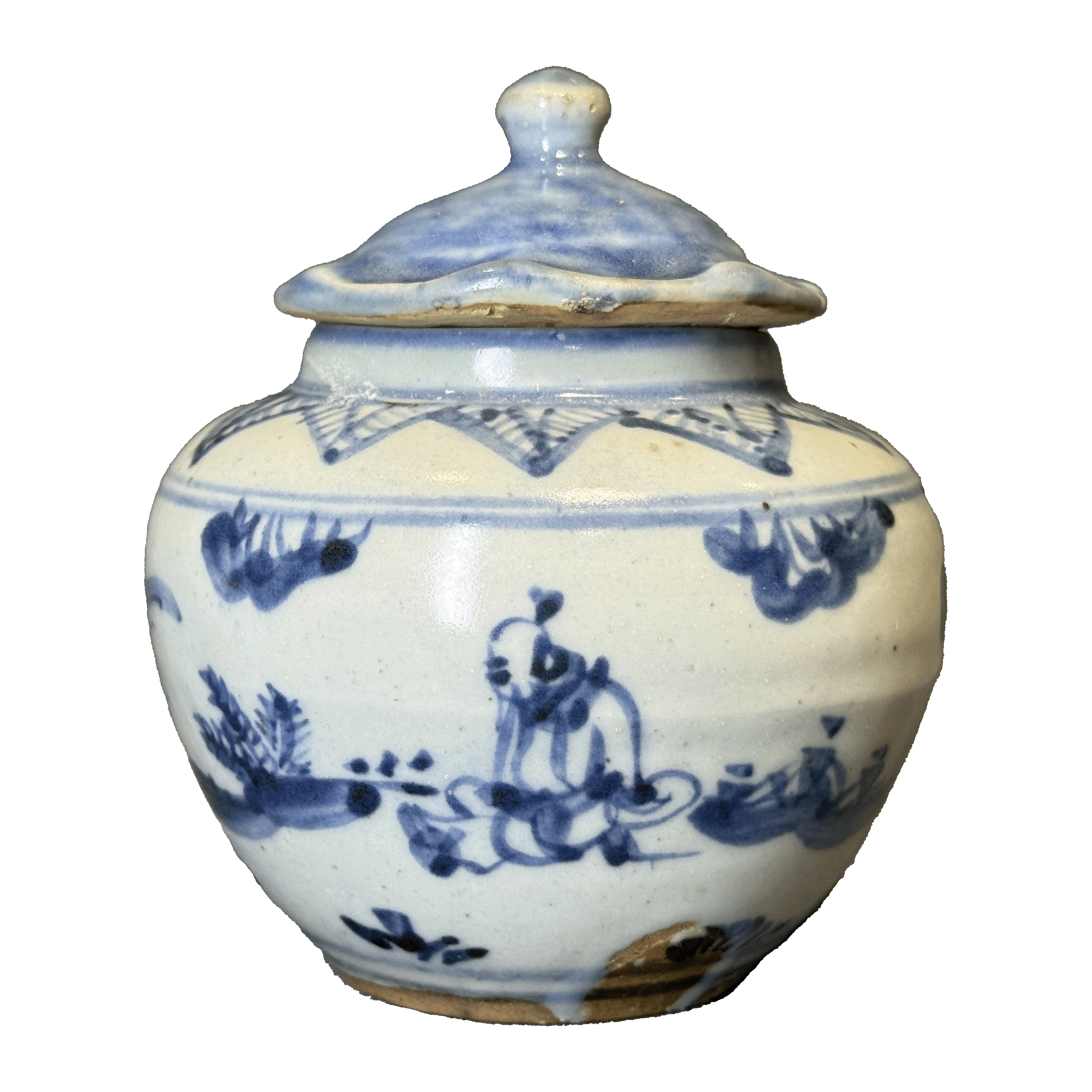 24121826t青花高仕纹荷叶盖罐