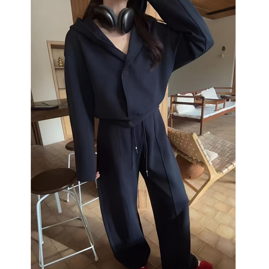 个性简约卫衣抽绳卫裤套装时尚休闲宽松设计感春秋运动时尚休闲