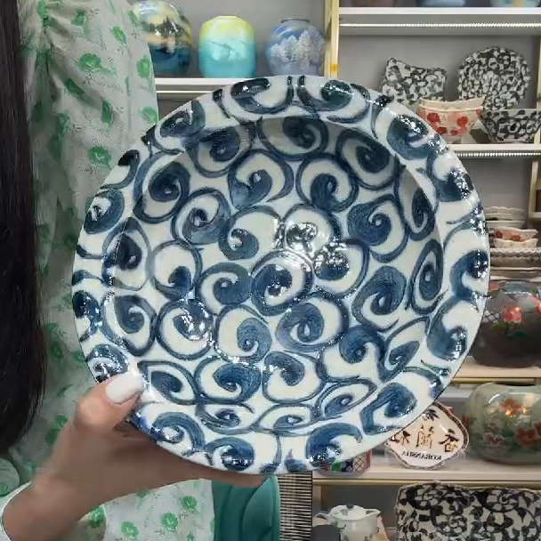 【单支】日本进口宗山家手绘汤盘草帽盘19.5cm-旋涡