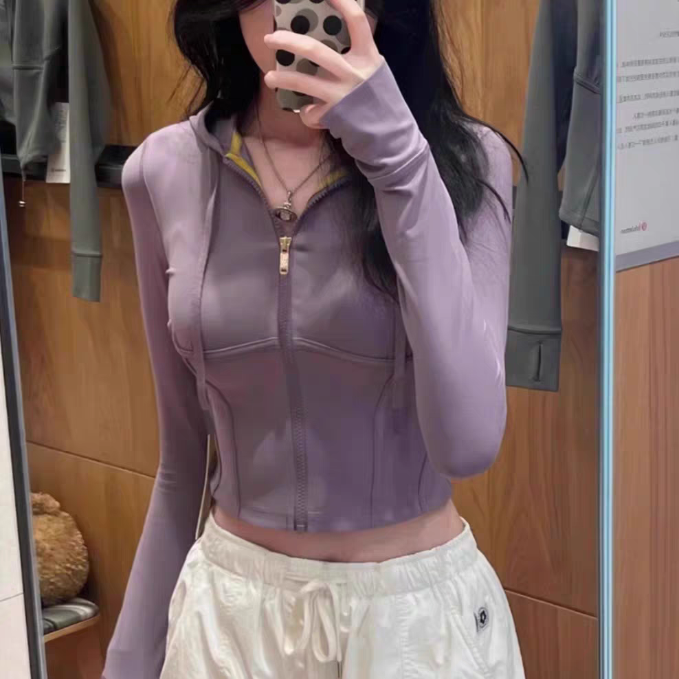 露露同款新款瑜伽服鱼骨夹克连帽运动短款显瘦修身