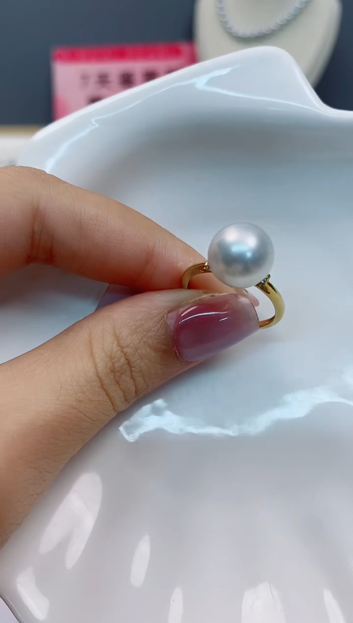 【闪购商品】海水珍珠戒指18K金镶嵌10-11澳白海水珍珠戒指