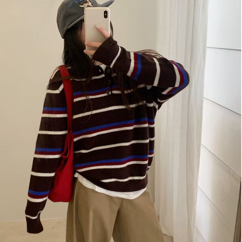 T2666 美式撞色条纹翻领半纽扣毛衣