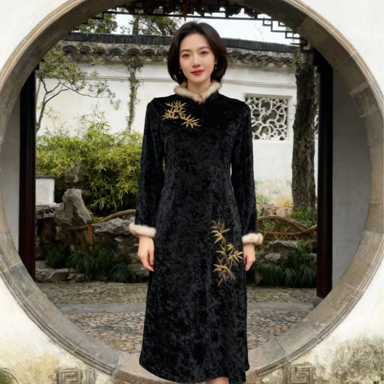 （8067）显瘦时尚加厚气质长袖旗袍花纹旗袍裙日常新中式