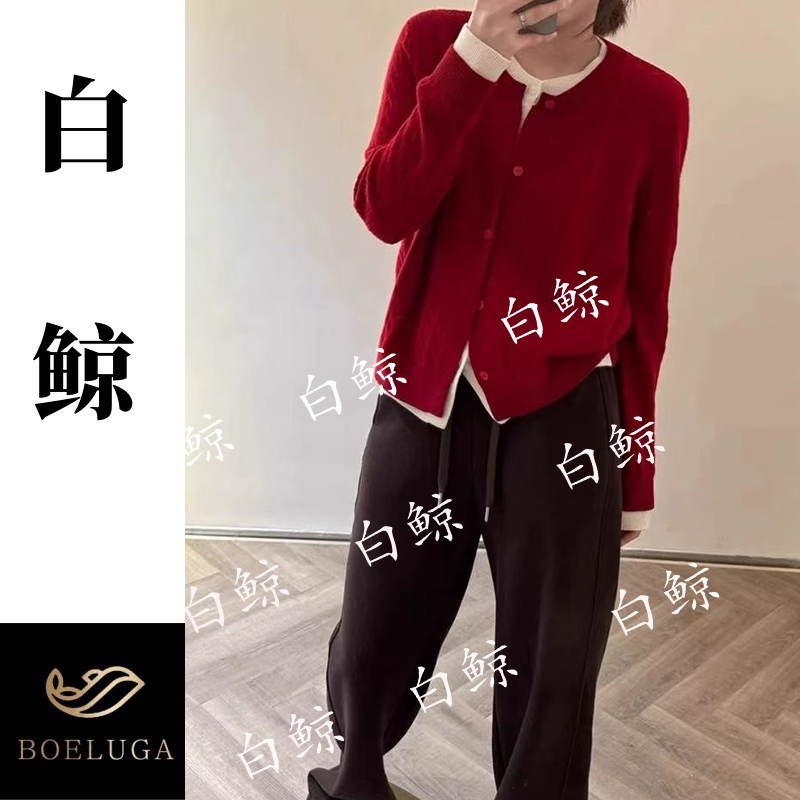 【白鲸】2025冬季新款100%全羊毛假两件开衫女红色针织衫外套2894