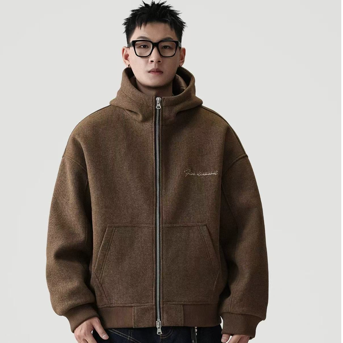 90白鹅绒刺绣双拉链连帽羽绒服男冬季2025新款宽松外套潮250581