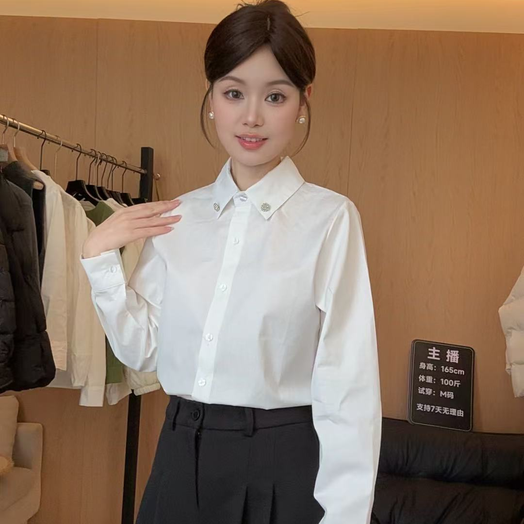 309/313长袖衬衫女新款上衣百搭甜美休闲白色打底衫衬衣女