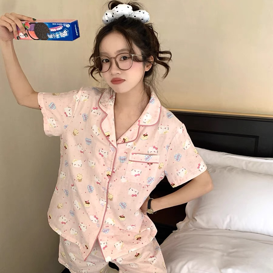 睡衣女夏天薄款日系翻领可爱甜美宽松学生卡通少女印花家居套装