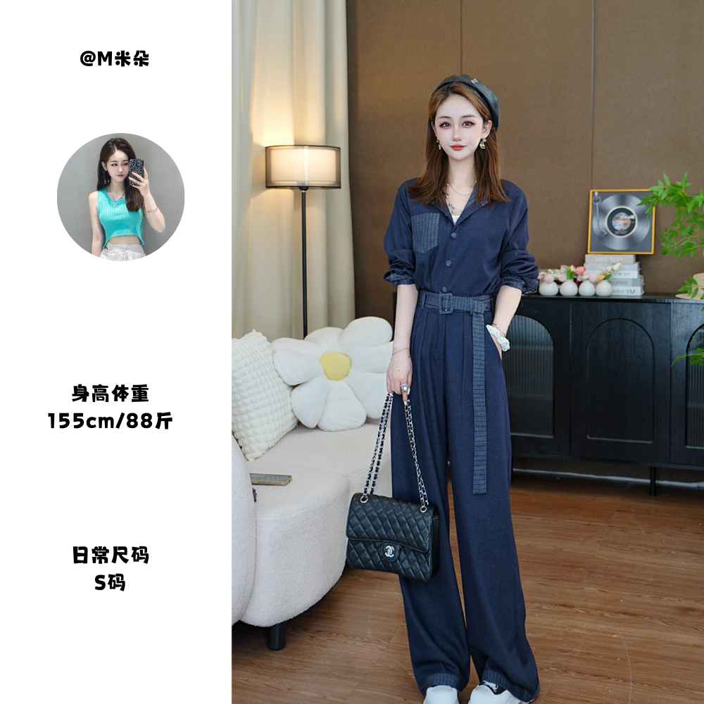 高级感休闲套装2025年秋季新款蓝色翻领宽松长袖两件套女装