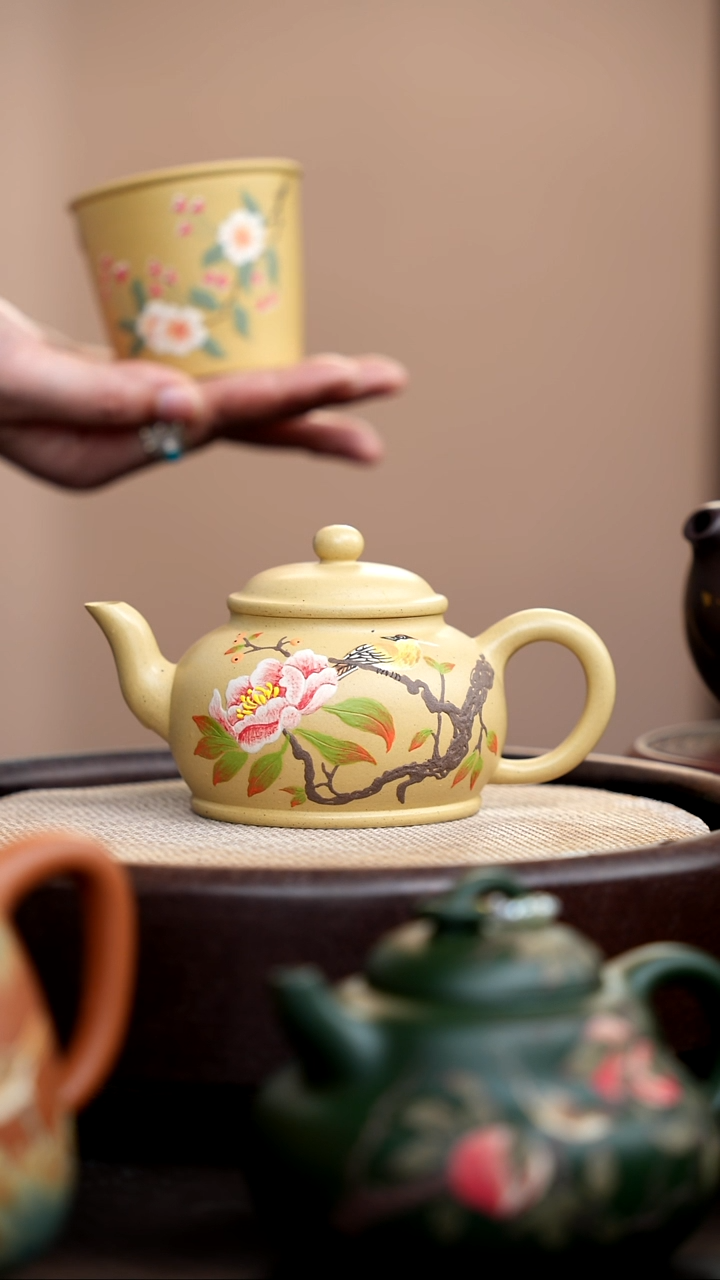 茶壶紫砂荣*姐本山绿旭帽泥绘花鸟+杯010