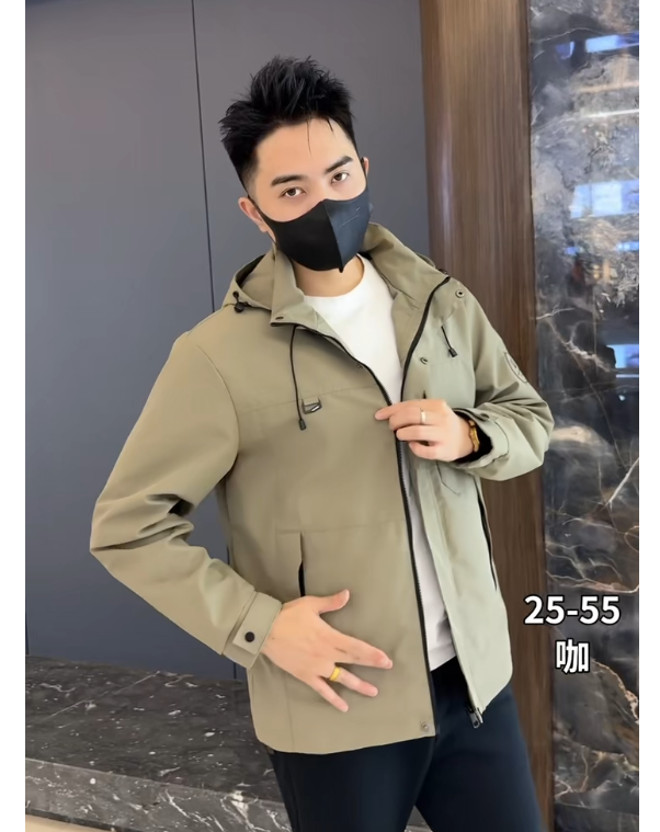 多口袋商务时尚冲锋衣秋冬本布下摆夹克秋季印花连帽