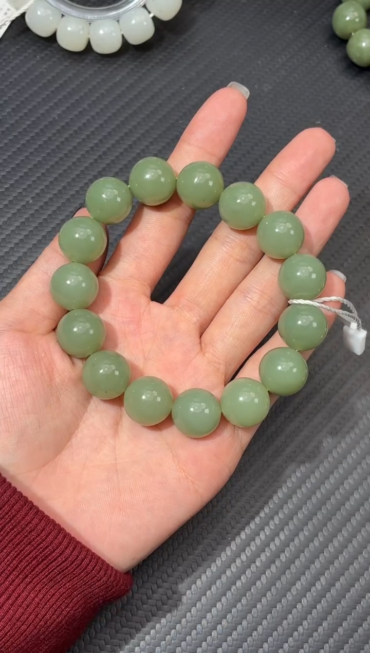 未镶嵌手串和田玉若羌青白玉微色差卡14圆珠手串