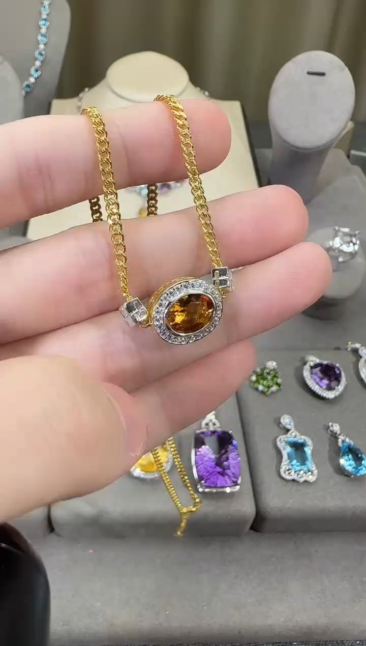 颈饰银S925镶嵌黄晶10*8mm套链设计款