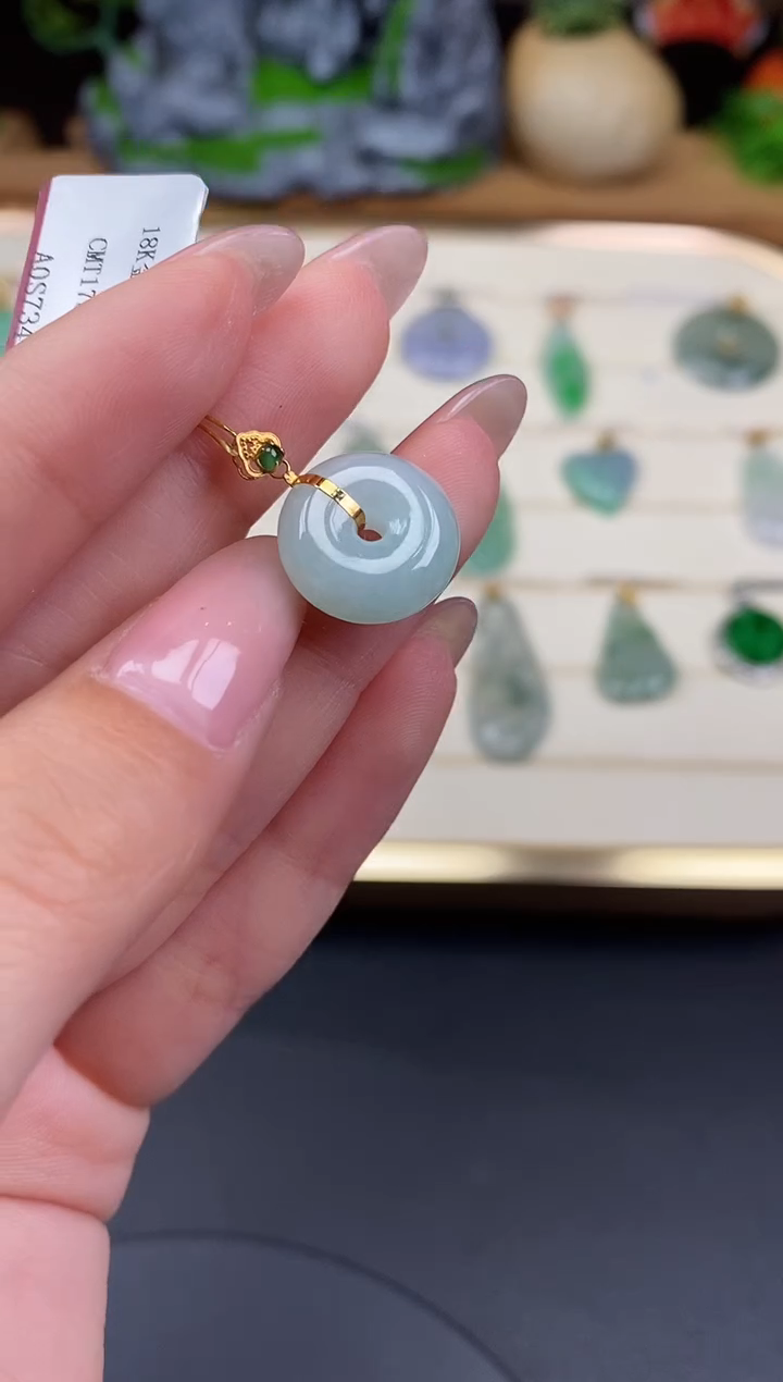 吊坠(不含链)18K金镶嵌翡翠平安扣18K金扣镶嵌@@CMT