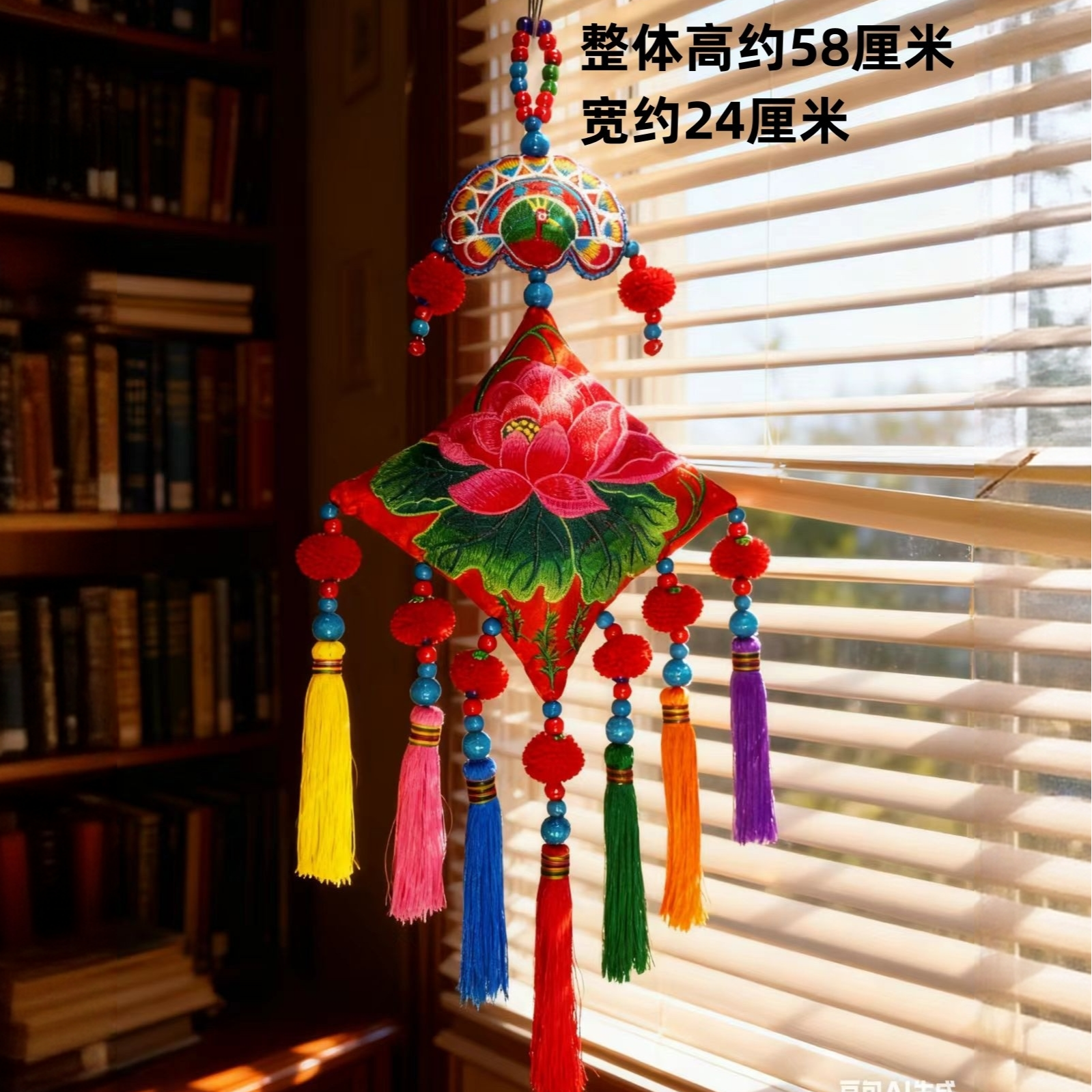 小号红色云南民族风刺绣吉祥喜庆富贵满堂七彩流苏荷花家居挂件