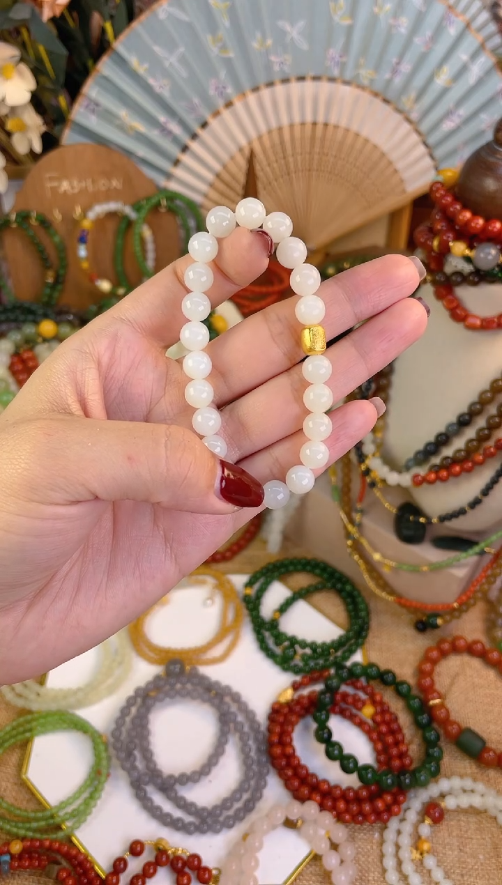 【闪购商品】和田玉手串18K金镶嵌白玉