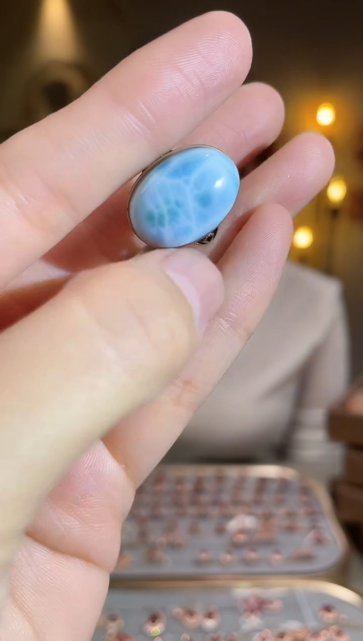 银S925镶嵌针钠钙石（海纹石）戒指手饰