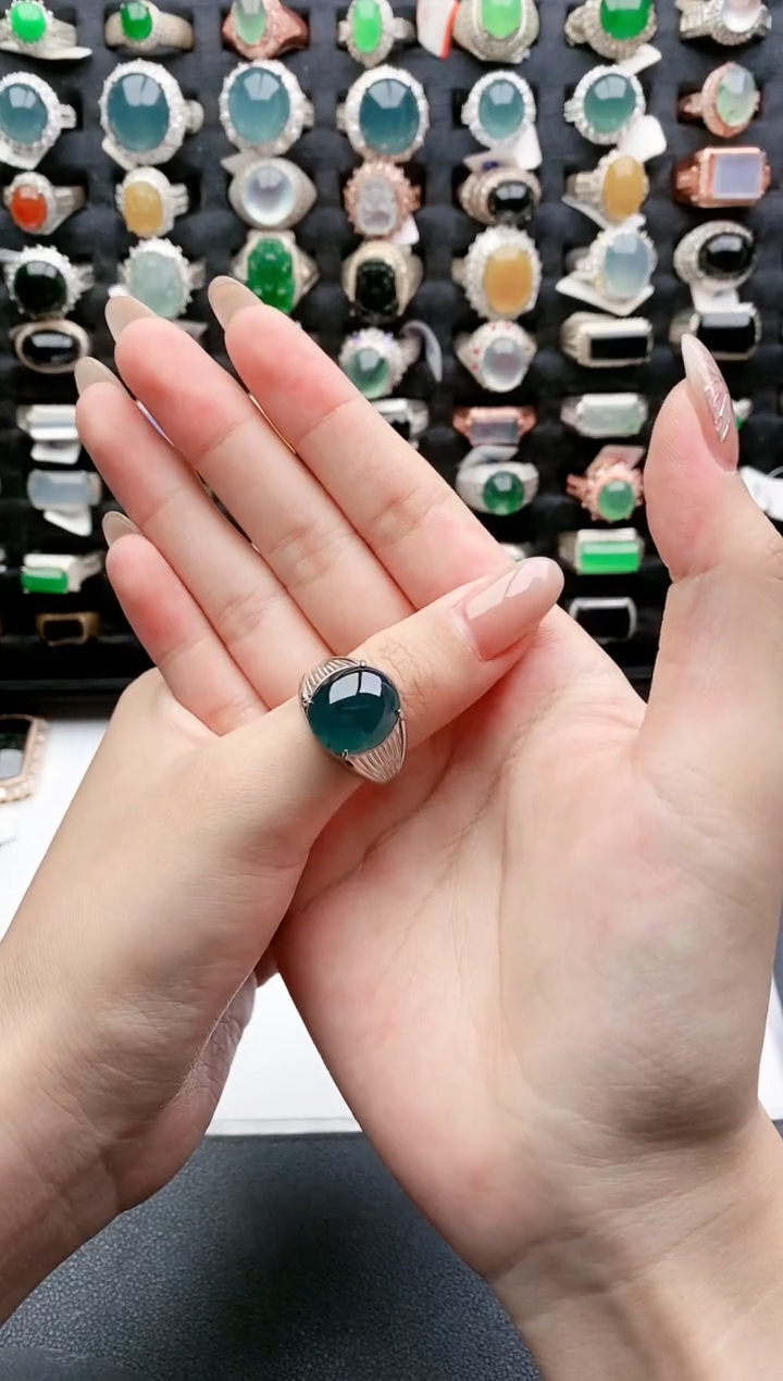 【闪购商品】翡翠戒指银S925镶嵌天然翡翠时尚男戒