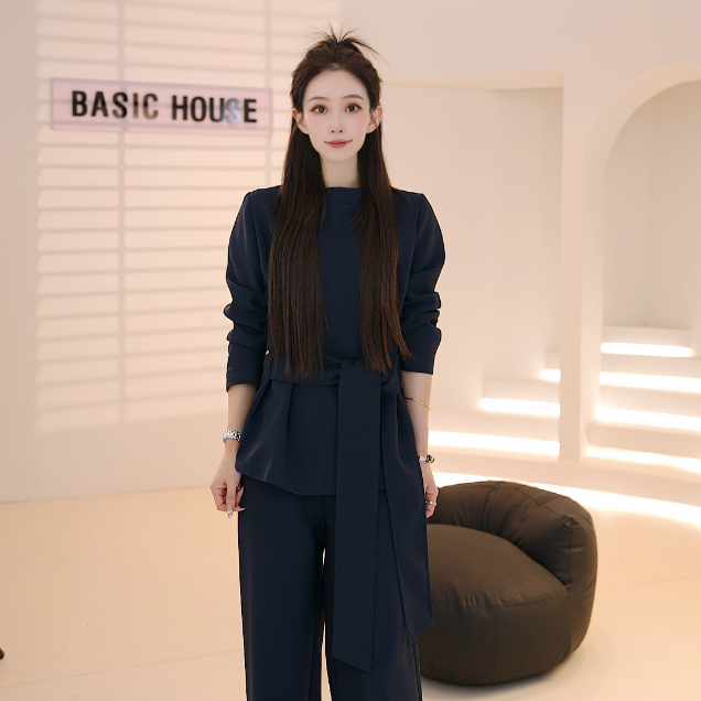 Basic House/百家好25初秋新款绑带高级感上衣收腰阔腿裤两件套女