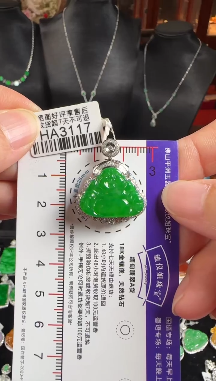 颈饰18K金镶嵌翡翠HA3117冰辣绿佛公