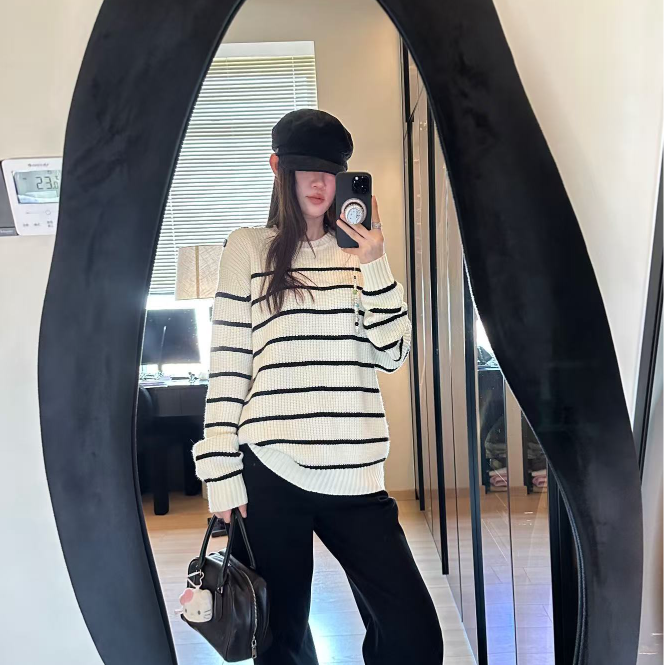 LA 慵懒感 撞色黑白条纹 廓形套头毛衣 32068