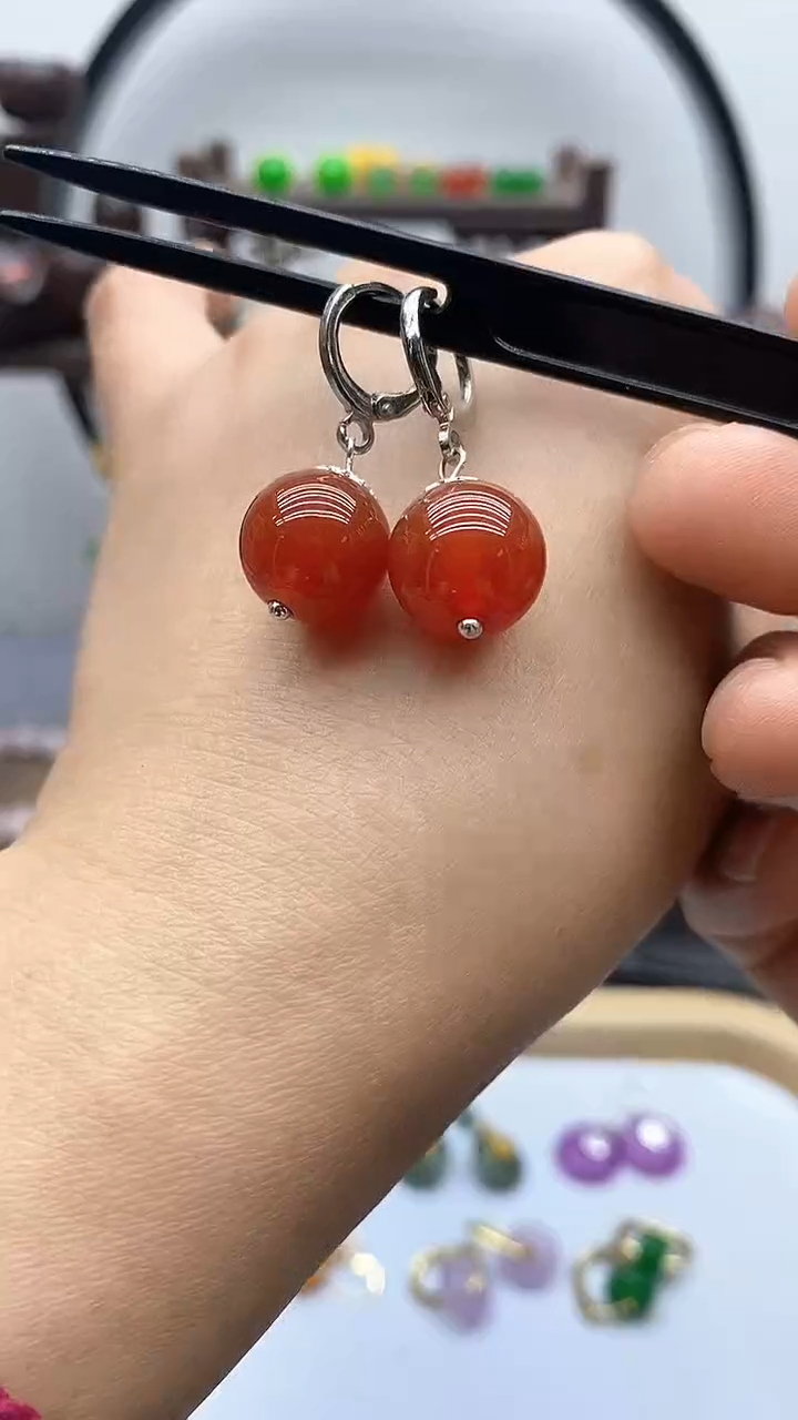 南红玛瑙银S925镶嵌耳饰127