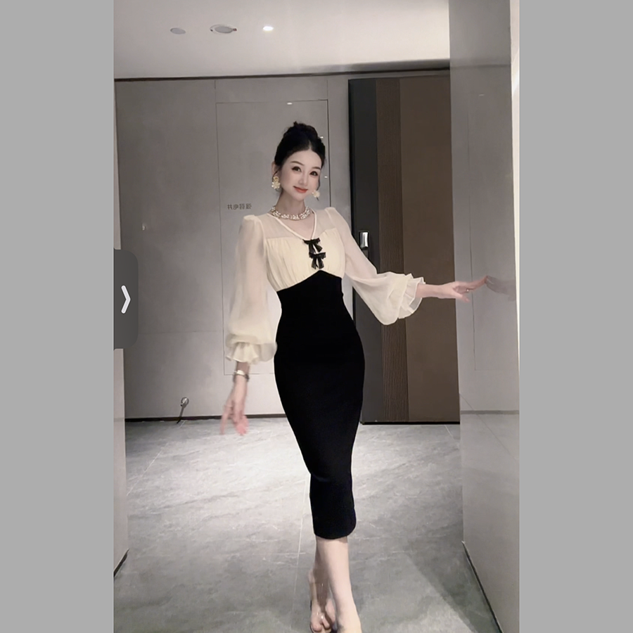 【小茵家】气质显瘦修身拼接包臀高腰连衣裙长袖女神款时尚秋季