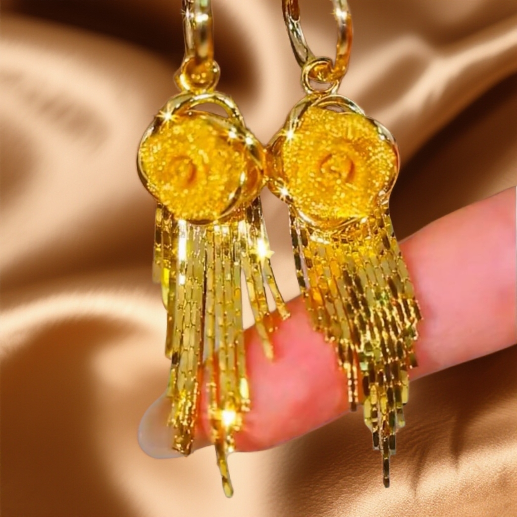 铜合金耳饰 金色鼎溢2025新款法式高档奢华玫瑰花流苏耳环垂坠lf